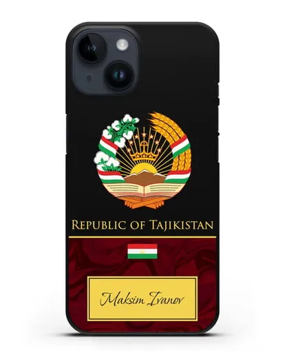 Чехол с гербом и флагом Республики Таджикистан с именем, фамилией на английском языке, красный мрамор силиконовый для iPhone 14