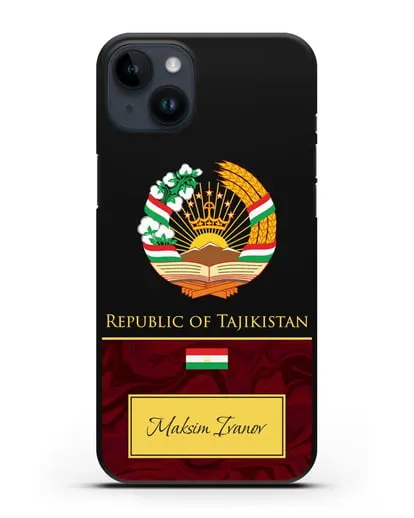 Чехол с гербом и флагом Республики Таджикистан с именем, фамилией на английском языке, красный мрамор силиконовый для iPhone 14 Plus