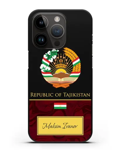 Чехол с гербом и флагом Республики Таджикистан с именем, фамилией на английском языке, красный мрамор силиконовый для iPhone 14 Pro