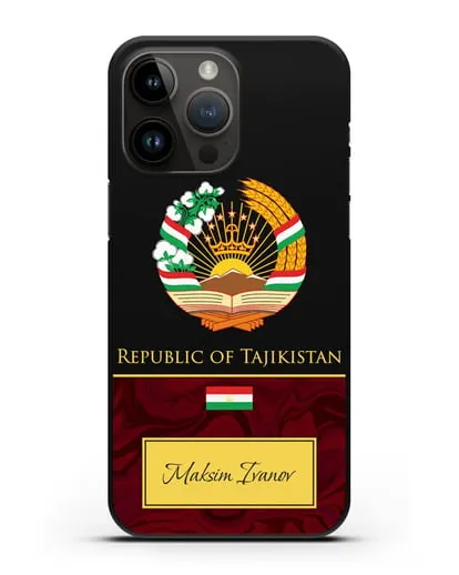 Чехол с гербом и флагом Республики Таджикистан с именем, фамилией на английском языке, красный мрамор силиконовый для iPhone 14 Pro Max