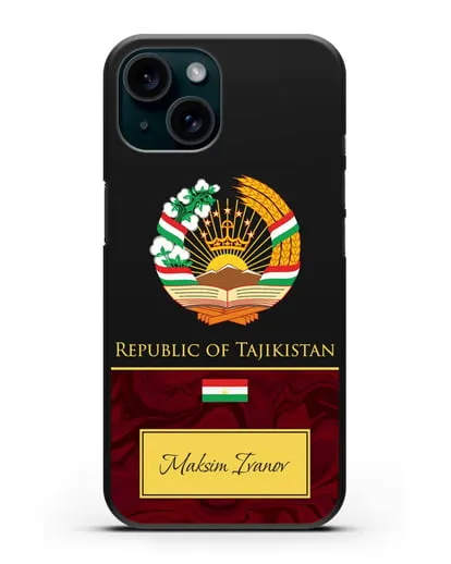 Чехол с гербом и флагом Республики Таджикистан с именем, фамилией на английском языке, красный мрамор силиконовый для iPhone 15