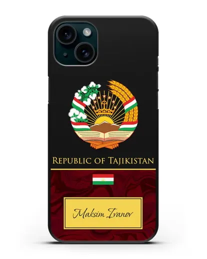 Чехол с гербом и флагом Республики Таджикистан с именем, фамилией на английском языке, красный мрамор силиконовый для iPhone 15 Plus