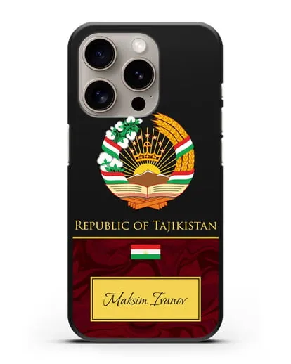 Чехол с гербом и флагом Республики Таджикистан с именем, фамилией на английском языке, красный мрамор силиконовый для iPhone 15 Pro