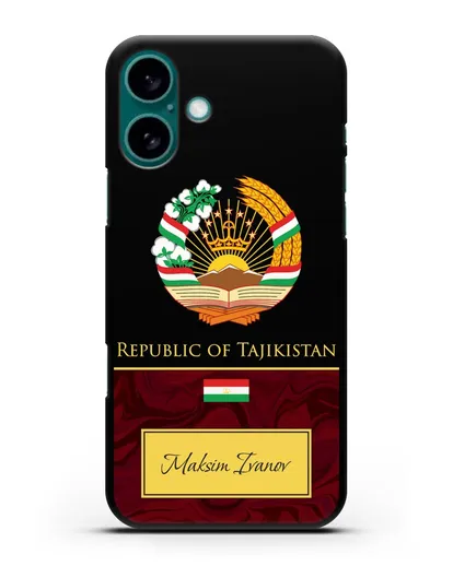 Чехол с гербом и флагом Республики Таджикистан с именем, фамилией на английском языке, красный мрамор силиконовый для iPhone 16 Plus