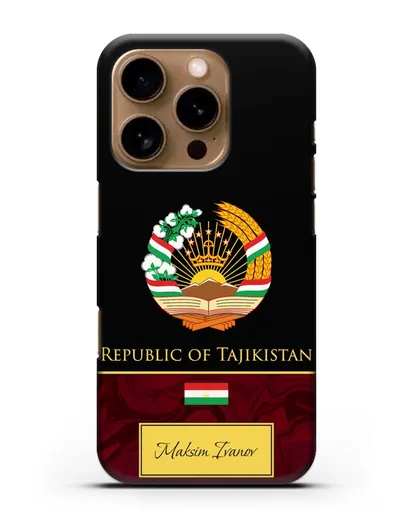 Чехол с гербом и флагом Республики Таджикистан с именем, фамилией на английском языке, красный мрамор силиконовый для iPhone 16 Pro