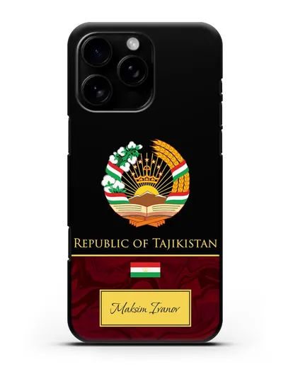 Чехол с гербом и флагом Республики Таджикистан с именем, фамилией на английском языке, красный мрамор силиконовый для iPhone 16 Pro Max