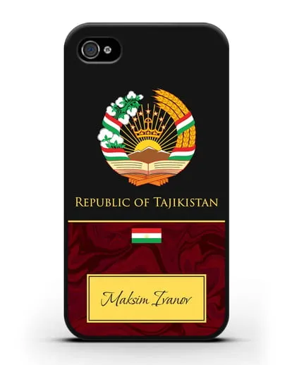 Чехол с гербом и флагом Республики Таджикистан с именем, фамилией на английском языке, красный мрамор силиконовый для iPhone 4/4s