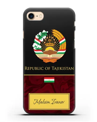 Чехол с гербом и флагом Республики Таджикистан с именем, фамилией на английском языке, красный мрамор силиконовый для iPhone 8