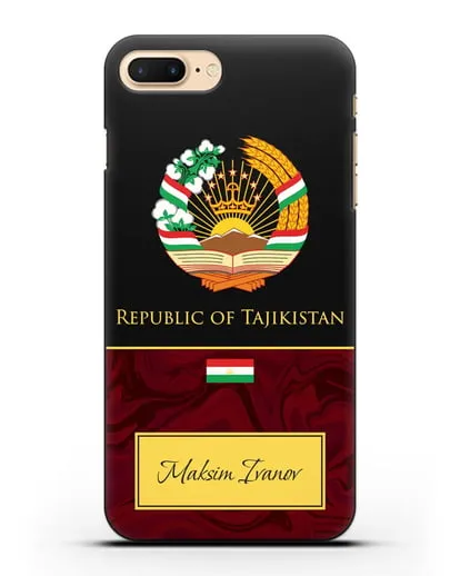 Чехол с гербом и флагом Республики Таджикистан с именем, фамилией на английском языке, красный мрамор силиконовый для iPhone 7 Plus
