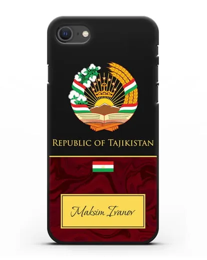 Чехол с гербом и флагом Республики Таджикистан с именем, фамилией на английском языке, красный мрамор силиконовый для iPhone SE 2020