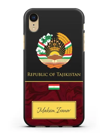 Чехол с гербом и флагом Республики Таджикистан с именем, фамилией на английском языке, красный мрамор силиконовый для iPhone XR