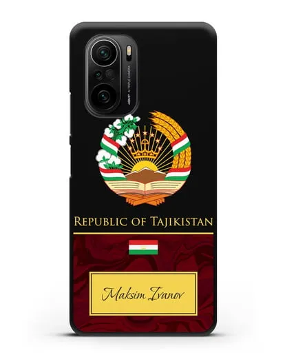 Чехол с гербом и флагом Республики Таджикистан с именем, фамилией на английском языке, красный мрамор силиконовый для Xiaomi Poco F3 Pro