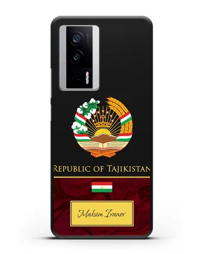 Чехол с гербом и флагом Республики Таджикистан с именем, фамилией на английском языке, красный мрамор силиконовый для Xiaomi Poco F5 Pro