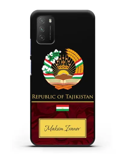 Чехол с гербом и флагом Республики Таджикистан с именем, фамилией на английском языке, красный мрамор силиконовый для Xiaomi Poco M3