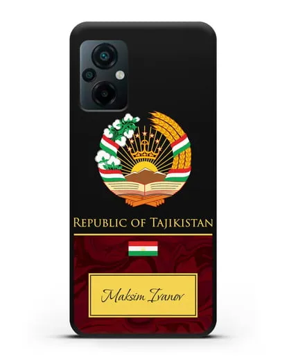 Чехол с гербом и флагом Республики Таджикистан с именем, фамилией на английском языке, красный мрамор силиконовый для Xiaomi Poco M5