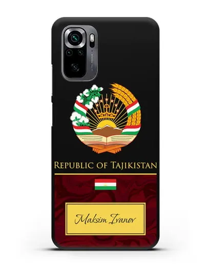 Чехол с гербом и флагом Республики Таджикистан с именем, фамилией на английском языке, красный мрамор силиконовый для Xiaomi Poco M5s