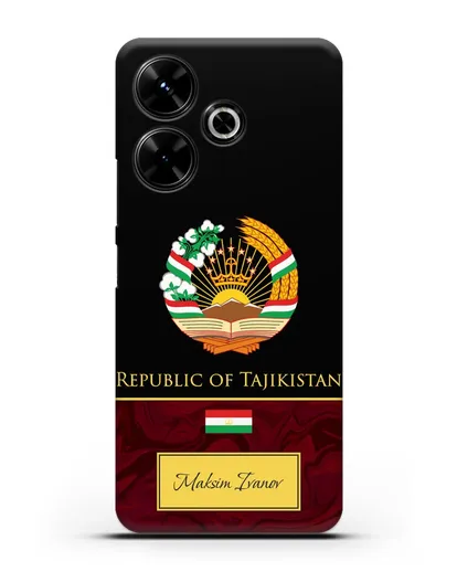 Чехол с гербом и флагом Республики Таджикистан с именем, фамилией на английском языке, красный мрамор силиконовый для Xiaomi Poco M6