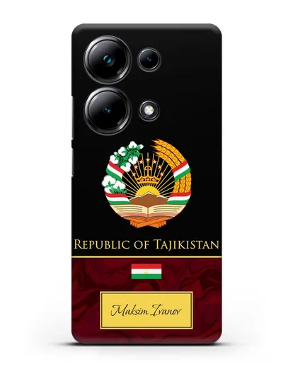 Чехол с гербом и флагом Республики Таджикистан с именем, фамилией на английском языке, красный мрамор силиконовый для Xiaomi Poco M6 Pro