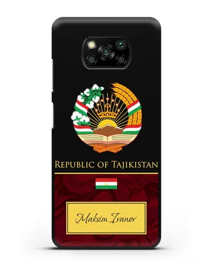 Чехол с гербом и флагом Республики Таджикистан с именем, фамилией на английском языке, красный мрамор силиконовый для Xiaomi Poco X3