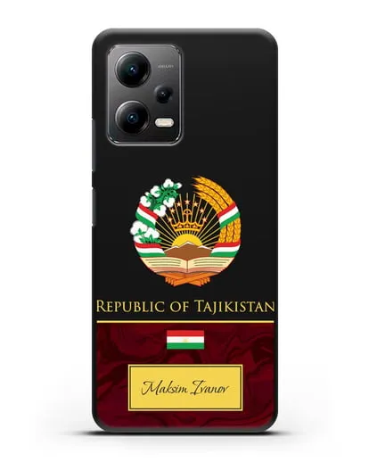 Чехол с гербом и флагом Республики Таджикистан с именем, фамилией на английском языке, красный мрамор силиконовый для Xiaomi Poco X5
