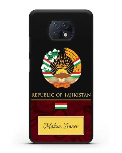 Чехол с гербом и флагом Республики Таджикистан с именем, фамилией на английском языке, красный мрамор силиконовый для Xiaomi Redmi Note 9T