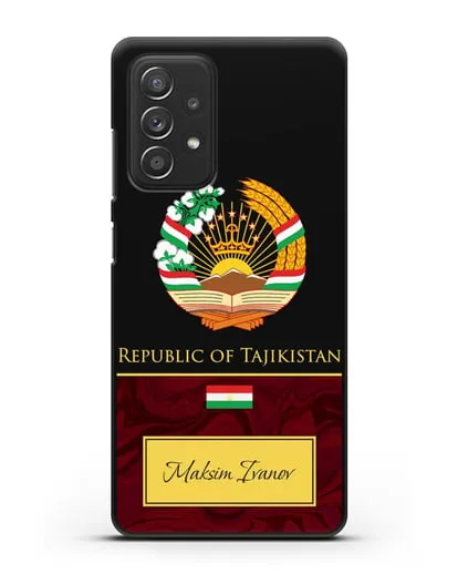 Чехол с гербом и флагом Республики Таджикистан с именем, фамилией на английском языке, красный мрамор силиконовый для Samsung Galaxy A53