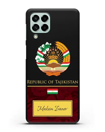 Чехол с гербом и флагом Республики Таджикистан с именем, фамилией на английском языке, красный мрамор силиконовый для Samsung Galaxy M53 [SM-M536]
