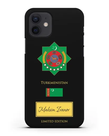 Чехол с гербом и флагом Республики Туркменистан с именем, фамилией на английском языке силиконовый для iPhone 12