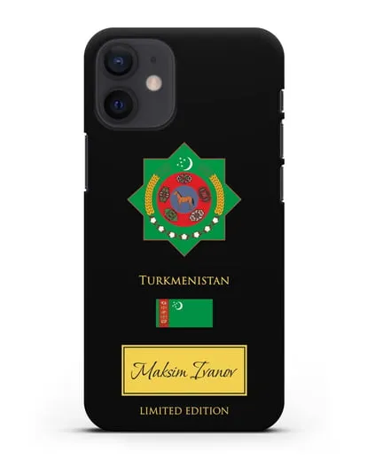 Чехол с гербом и флагом Республики Туркменистан с именем, фамилией на английском языке силиконовый для iPhone 12 mini