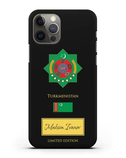 Чехол с гербом и флагом Республики Туркменистан с именем, фамилией на английском языке силиконовый для iPhone 12 Pro
