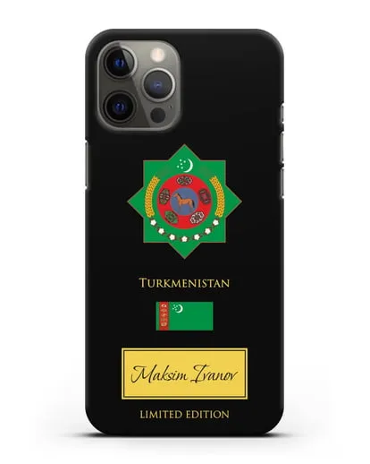 Чехол с гербом и флагом Республики Туркменистан с именем, фамилией на английском языке силиконовый для iPhone 12 Pro Max