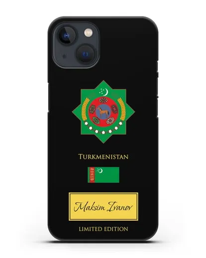 Чехол с гербом и флагом Республики Туркменистан с именем, фамилией на английском языке силиконовый для iPhone 13 Mini