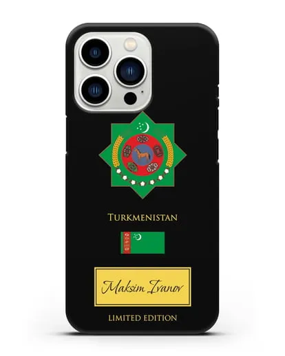 Чехол с гербом и флагом Республики Туркменистан с именем, фамилией на английском языке силиконовый для iPhone 13 Pro