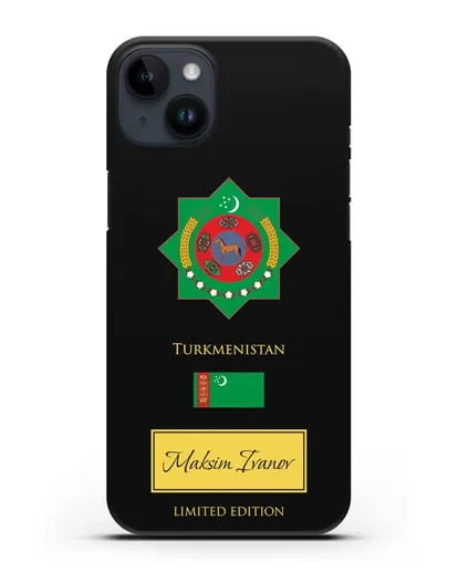 Чехол с гербом и флагом Республики Туркменистан с именем, фамилией на английском языке силиконовый для iPhone 14 Plus