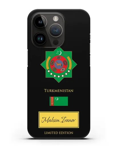 Чехол с гербом и флагом Республики Туркменистан с именем, фамилией на английском языке силиконовый для iPhone 14 Pro