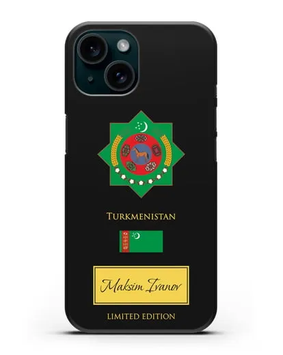 Чехол с гербом и флагом Республики Туркменистан с именем, фамилией на английском языке силиконовый для iPhone 15