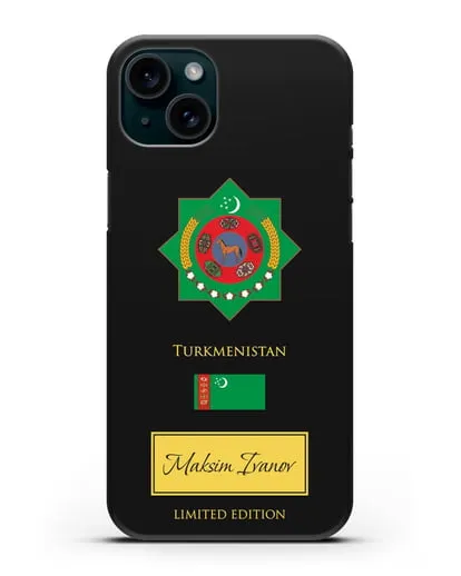 Чехол с гербом и флагом Республики Туркменистан с именем, фамилией на английском языке силиконовый для iPhone 15 Plus