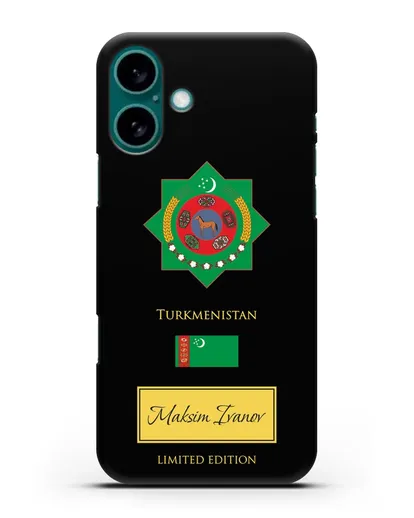 Чехол с гербом и флагом Республики Туркменистан с именем, фамилией на английском языке силиконовый для iPhone 16 Plus