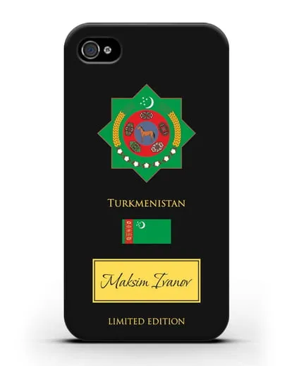 Чехол с гербом и флагом Республики Туркменистан с именем, фамилией на английском языке силиконовый для iPhone 4/4s