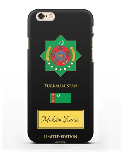 Чехол с гербом и флагом Республики Туркменистан с именем, фамилией на английском языке силиконовый для iPhone 6