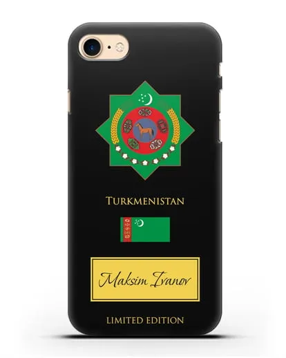 Чехол с гербом и флагом Республики Туркменистан с именем, фамилией на английском языке силиконовый для iPhone 7