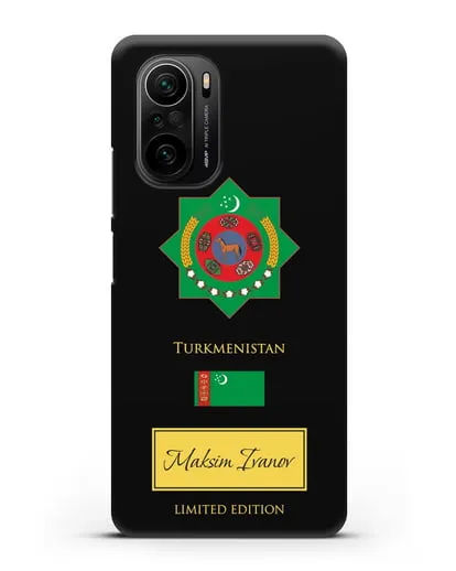 Чехол с гербом и флагом Республики Туркменистан с именем, фамилией на английском языке силиконовый для Xiaomi Poco F3
