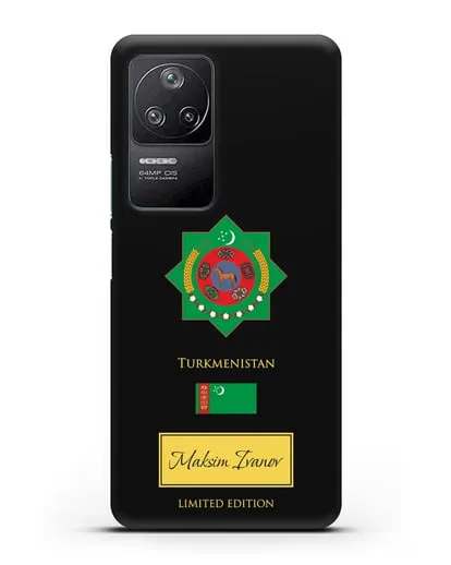 Чехол с гербом и флагом Республики Туркменистан с именем, фамилией на английском языке силиконовый для Xiaomi Poco F4