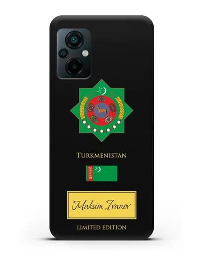 Чехол с гербом и флагом Республики Туркменистан с именем, фамилией на английском языке силиконовый для Xiaomi Poco M5