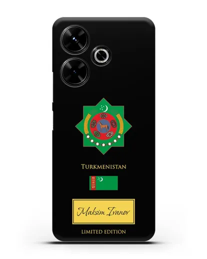 Чехол с гербом и флагом Республики Туркменистан с именем, фамилией на английском языке силиконовый для Xiaomi Poco M6