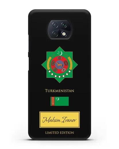 Чехол с гербом и флагом Республики Туркменистан с именем, фамилией на английском языке силиконовый для Xiaomi Redmi Note 9T