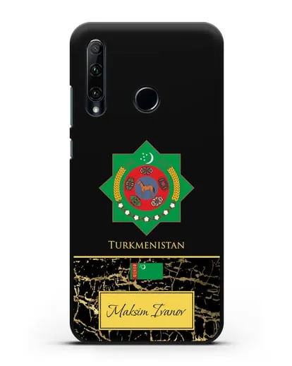 Чехол с гербом и флагом Республики Туркменистан с именем, фамилией на английском языке, черный мрамор силиконовый для Honor 20e