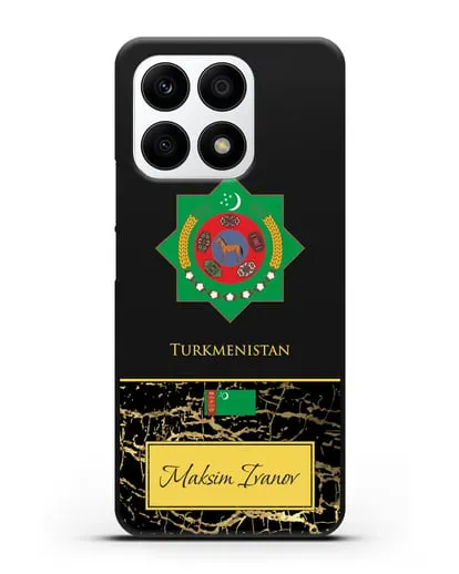 Чехол с гербом и флагом Республики Туркменистан с именем, фамилией на английском языке, черный мрамор силиконовый для Honor X8a