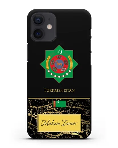 Чехол с гербом и флагом Республики Туркменистан с именем, фамилией на английском языке, черный мрамор силиконовый для iPhone 12 mini