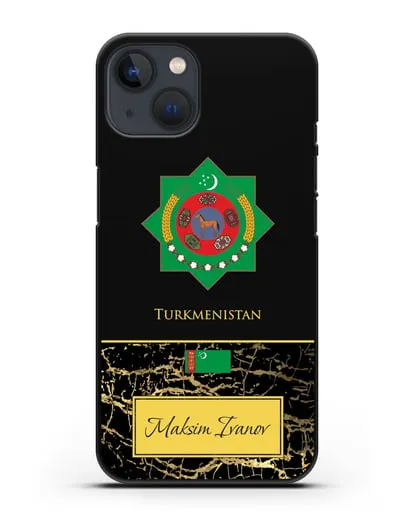 Чехол с гербом и флагом Республики Туркменистан с именем, фамилией на английском языке, черный мрамор силиконовый для iPhone 13 Mini